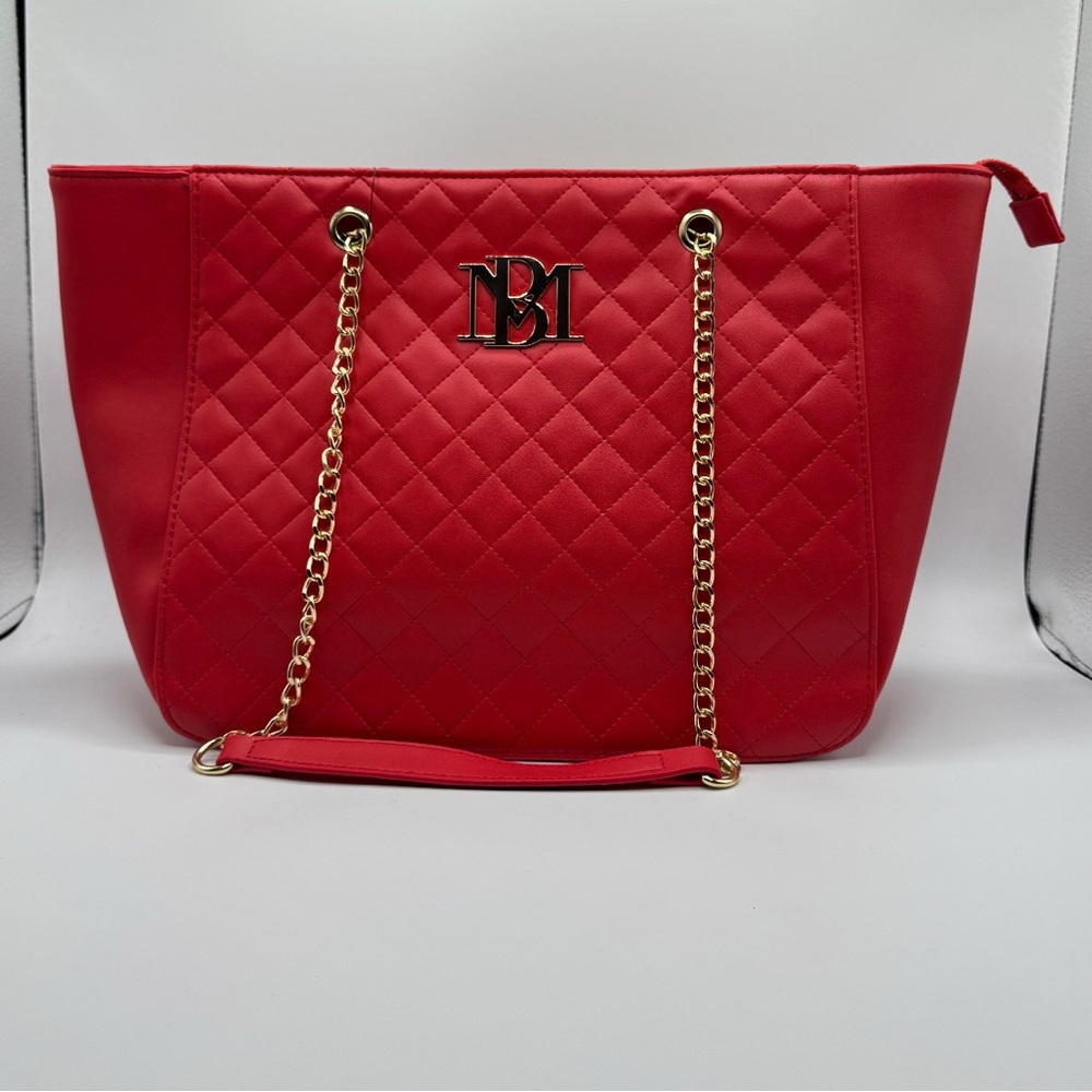 Red Quilted vegan Tote Shoulder Bag with Gold Chain